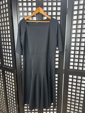 🖤 Lands’ End Fit & Flare Dress Women’s 10-12 Black Stretch Midi Classic 🖤